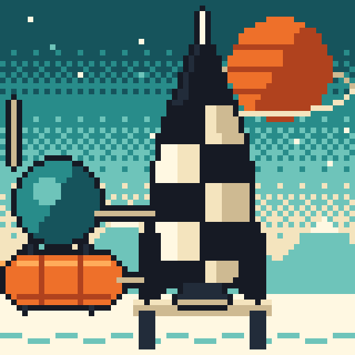 Sample rocket 3: black and white rocket beside a teal tower