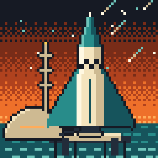 Sample rocket 4: orange rocket with teal bands under a crescent moon