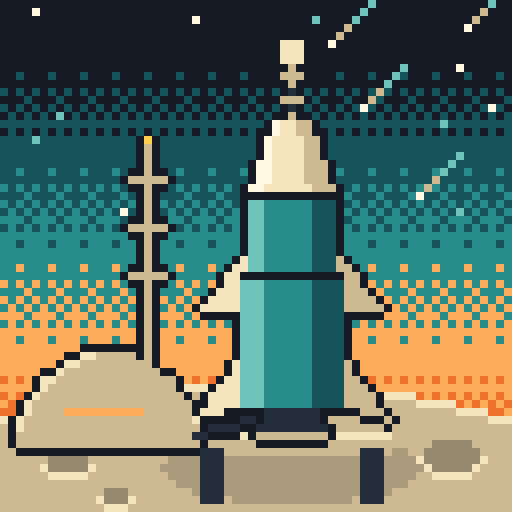 Sample rocket 5: slim teal and cream rocket beside an orange gantry